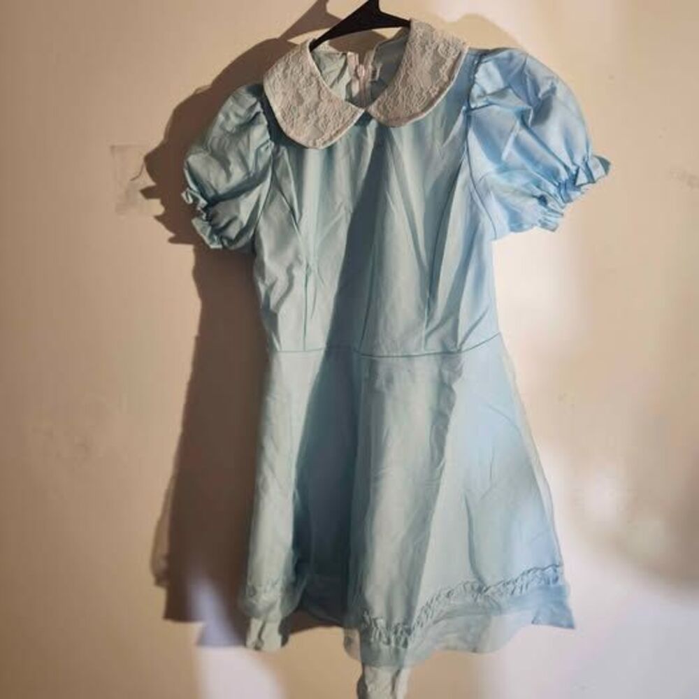 Girls Light Blue Dress w/ Lace Peter Pan Collar & Puff Sleeves - Size 130 6-7